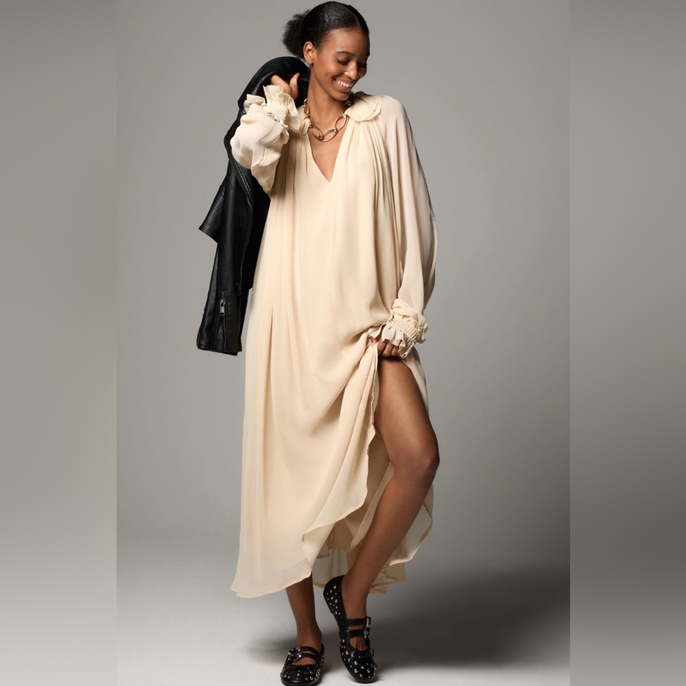NWT ANTHROPOLOGIE Long Sleeve Sheer Pleated Maxi Dress Neutral XS-M - Picture 16 of 16